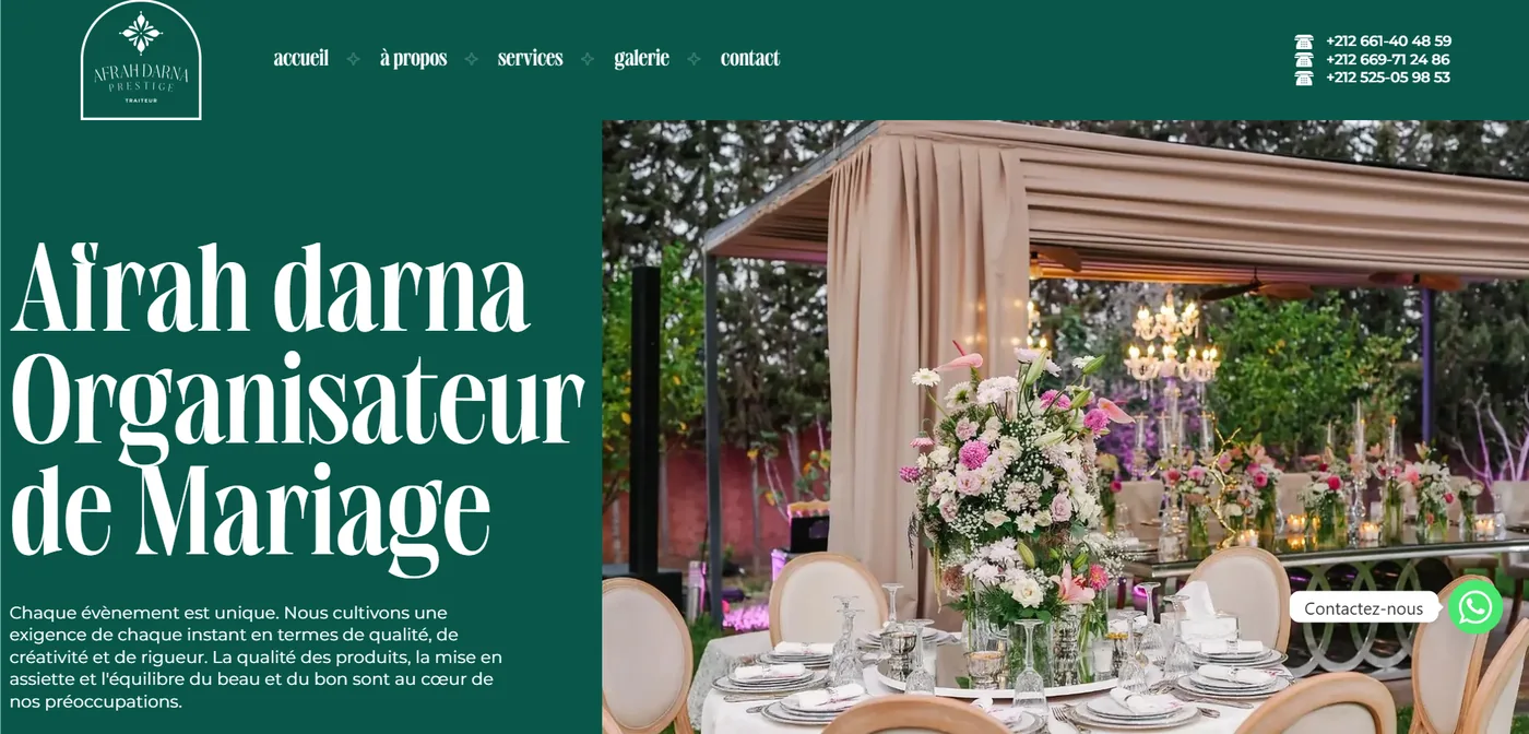 Capture réelle de la page d’accueil du site Afrah Darna Prestige